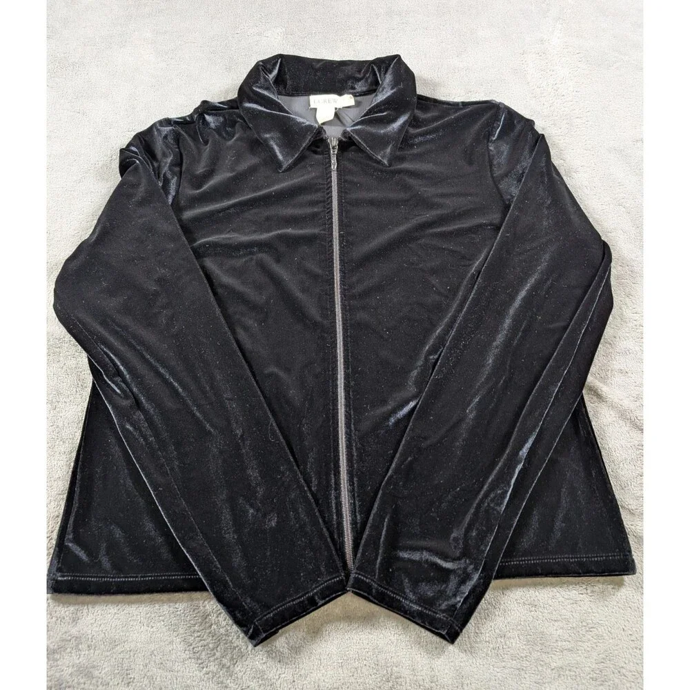 Vintage J Crew Velvet Track Jacket Womens XL Black Velour Zip Up 90s Bomber